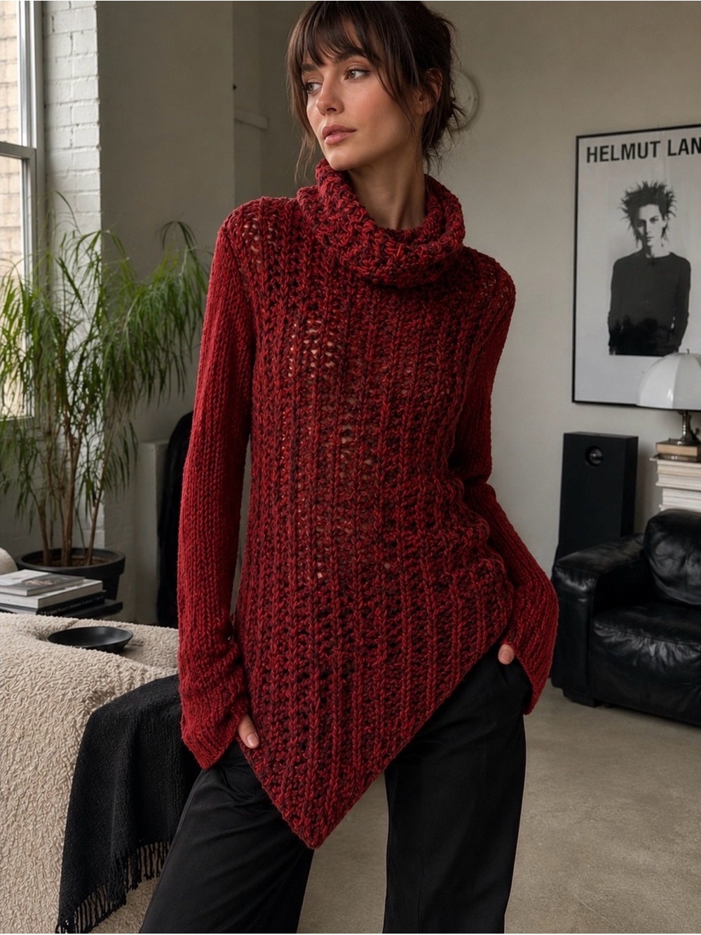 Helmut Lang Red Black Open Knit Asymmetrical Sweater XS Wool Alpaca